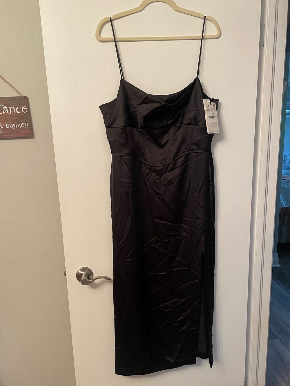 🆕NWT ZARA Black Corset Satin Formal Dress with Slit and Spaghetti Straps size XL - Picture 12 of 15